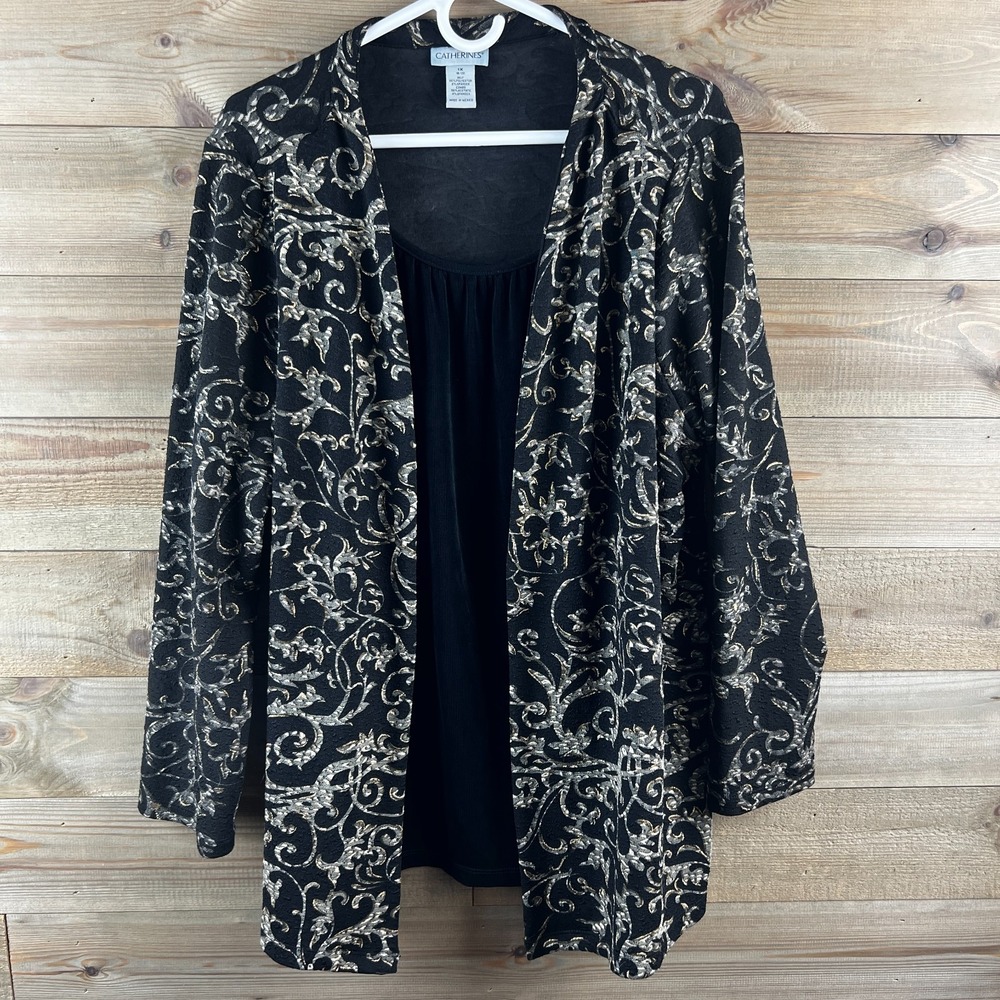 Catherines Womens Shirt One Piece Cardigan Blouse Twofer Black Gold‎ Elegant 1X
